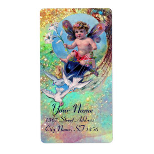 BABY FAIRY WITH DOVES IN SPARKLES blue grönt guld Fraktsedel