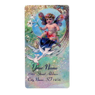 BABY FAIRY WITH DOVES IN SPARKLES blue grönt guld Fraktsedel
