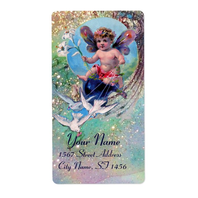 BABY FAIRY WITH DOVES IN SPARKLES blue grönt guld Fraktsedel (Framsidan)