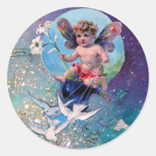 BABY FAIRY WITH DOVES IN SPARKLES blue grönt Runt Klistermärke