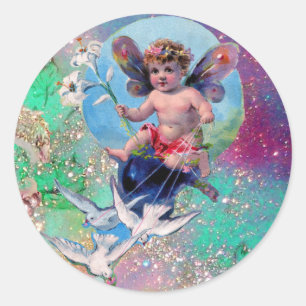 BABY FAIRY WITH DOVES IN SPARKLES blue grönt Runt Klistermärke