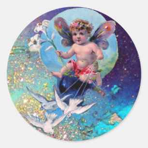 BABY FAIRY WITH DOVES IN SPARKLES blue grönt Runt Klistermärke