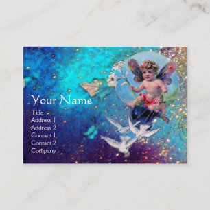 BABY FAIRY WITH DOVES IN SPARKLES blue gult guld Visitkort