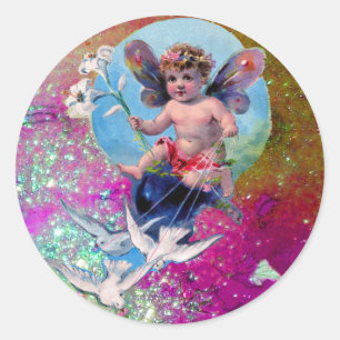 BABY FAIRY WITH DOVES IN SPARKLES blue rosa violet Runt Klistermärke