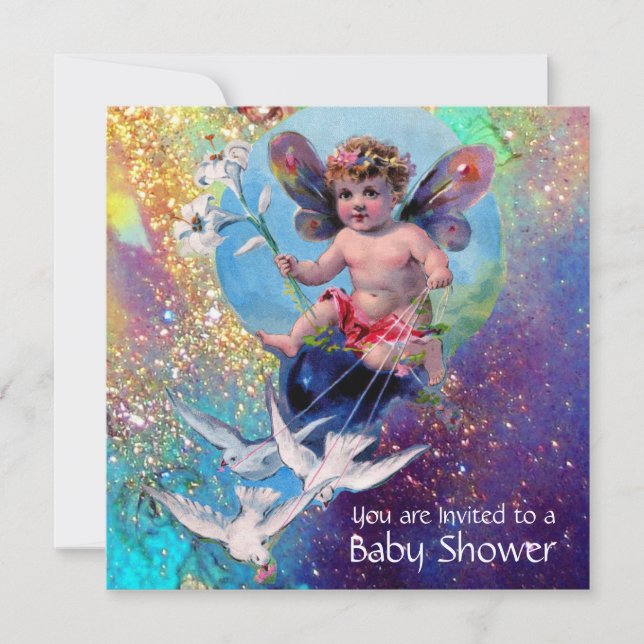 BABY FAIRY WITH DOVES IN SPARKLES Champagne Inbjudningar (Framsida)