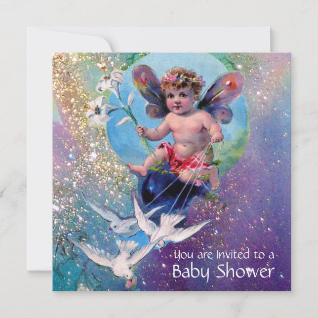 BABY FAIRY WITH DOVES IN SPARKLES Champagne Inbjudningar (Framsida)