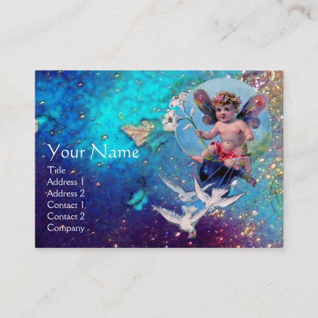BABY FAIRY WITH DOVES IN SPARKLES grönt pearl Visitkort (Framsida)