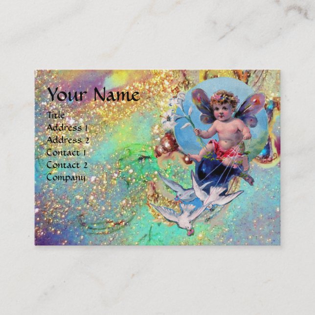 BABY FAIRY WITH DOVES IN SPARKLES grönt pearl Visitkort (Framsida)