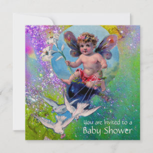 BABY FAIRY with DOVES IN SPARKLES Guld Gult Inbjudningar