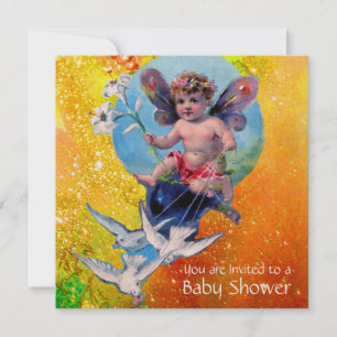 BABY FAIRY with DOVES IN SPARKLES Guld Gult Inbjudningar