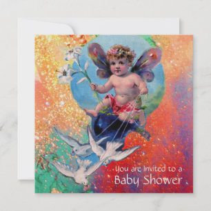 BABY FAIRY WITH DOVES IN SPARKLES Guld Metallic Inbjudningar