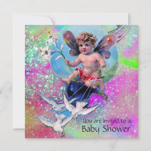 BABY FAIRY WITH DOVES IN SPARKLES Guld Rosa Inbjudningar (Framsida)
