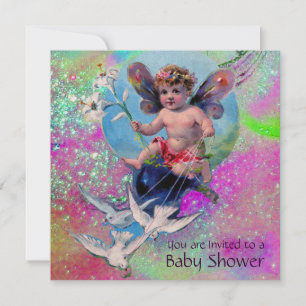 BABY FAIRY WITH DOVES IN SPARKLES Guld Rosa Inbjudningar