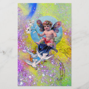 BABY FAIRY WITH DOVES IN SPARKLES lila grönt Brevpapper