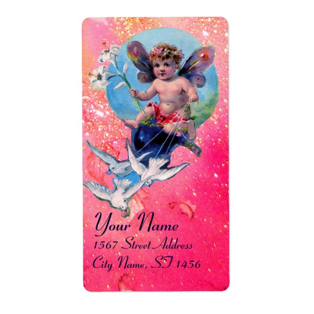BABY FAIRY WITH DOVES IN SPARKLES,rosa blue Fraktsedel (Framsidan)