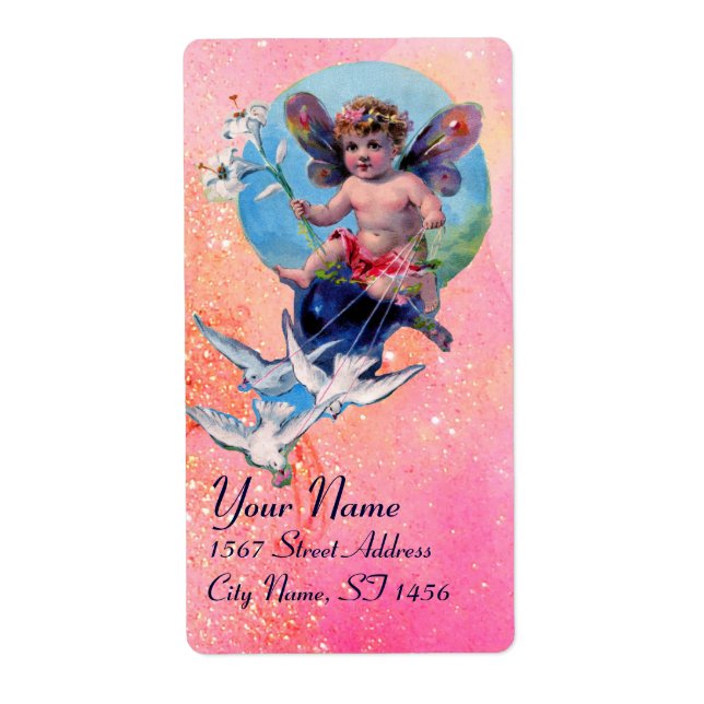 BABY FAIRY WITH DOVES IN SPARKLES,rosa blue Fraktsedel (Framsidan)