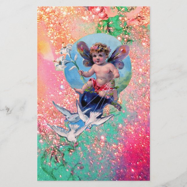 BABY FAIRY WITH DOVES IN SPARKLES rosa grönt guld Brevpapper (Framsida)