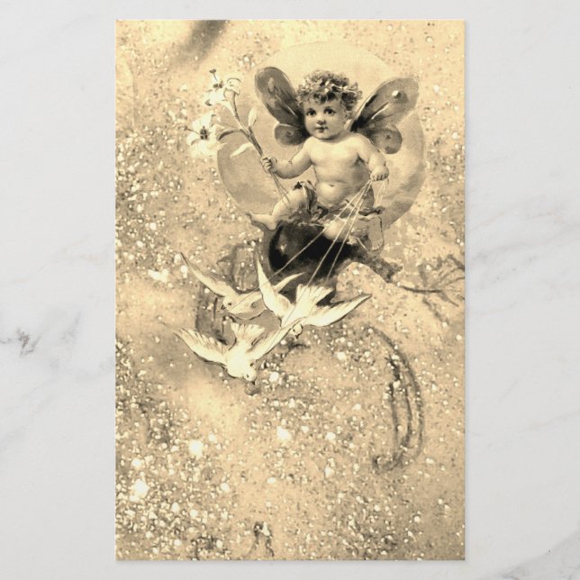 BABY FAIRY WITH DOVES IN SPARKLES Sepia Brevpapper (Framsida)