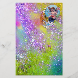 BABY FAIRY WITH DOVES IN SPARKLES,violet grönt Brevpapper