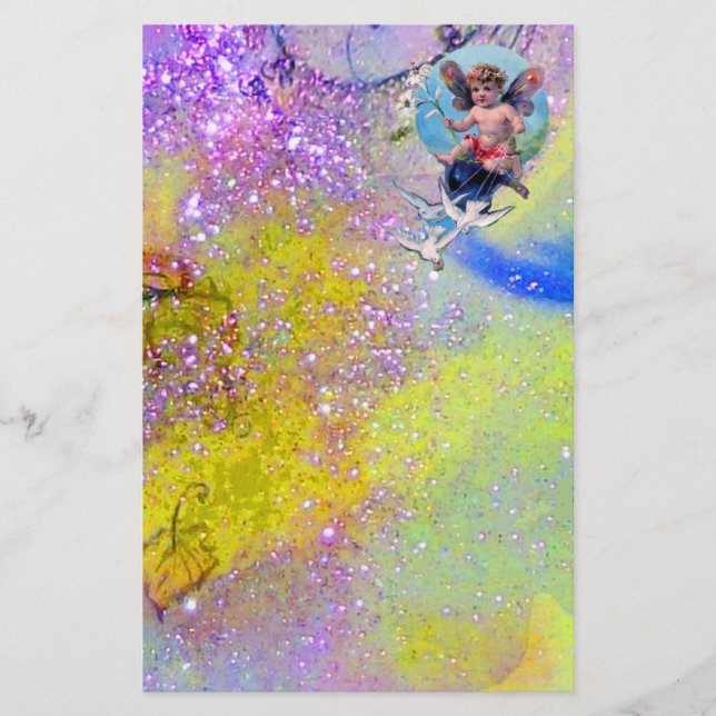 BABY FAIRY WITH DOVES IN SPARKLES,violet grönt Brevpapper (Framsida)
