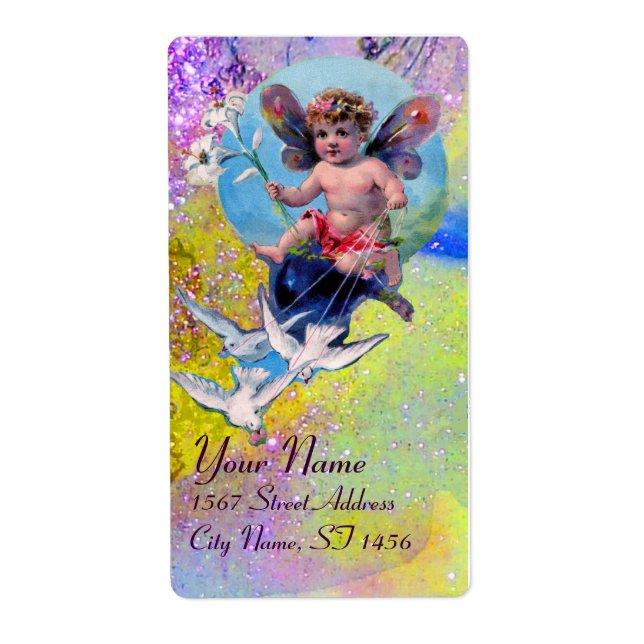 BABY FAIRY WITH DOVES IN SPARKLES violet gult Fraktsedel (Framsidan)