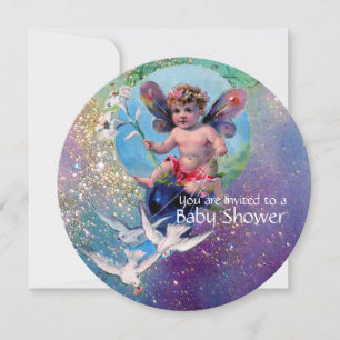 BABY FAIRY with DOVES IN TEAL BLUE GULD SPARKLES Inbjudningar