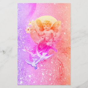 BABY FAIRY WITH DOVES LILA ROSA SPARKLES Fantasy Brevpapper