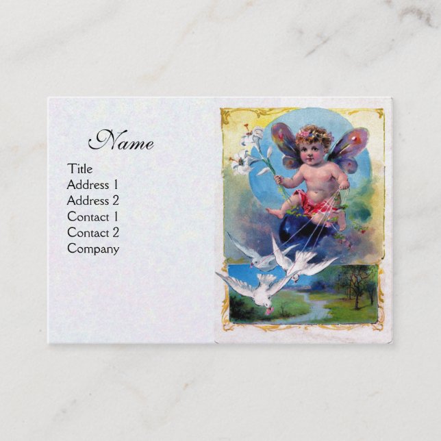BABY FAIRY WITH DOVES, white pearl papper Visitkort (Framsida)