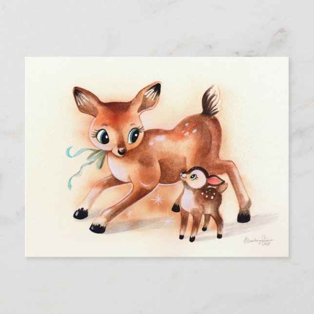 Baby Fawn och Mamma Cute Kitsch Vykort (Framsida)