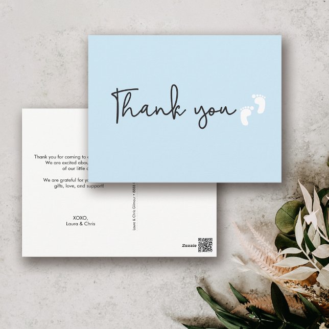 Baby Feet blå minimalistisk Modern babyshower Vykort (Baby feet blue baby shower thank you postcard.)