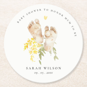Baby Feet Gult Blommigt Kön Neutral babystötare Underlägg Papper Rund