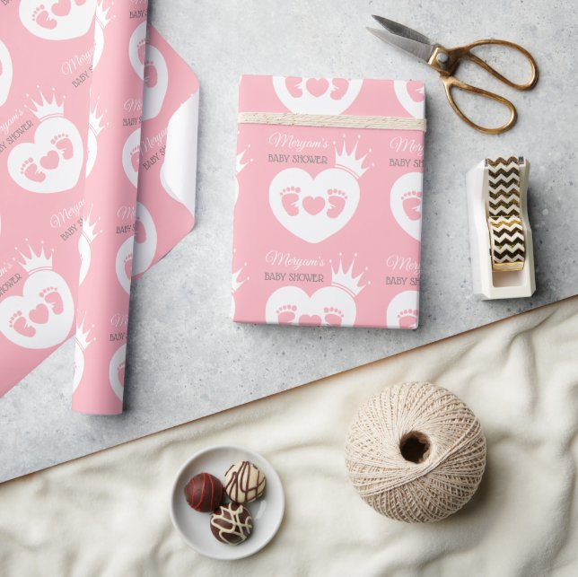 Baby Feet Heart Baby Princess Shower Rosa White Presentpapper (Hantverk)