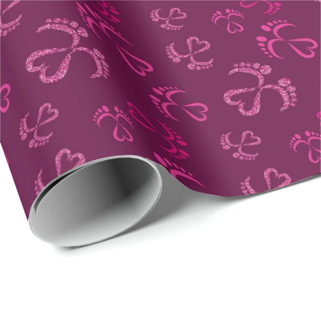 Baby Feet och Hearts i rosa glitter Presentpapper (Rullad Hörn)