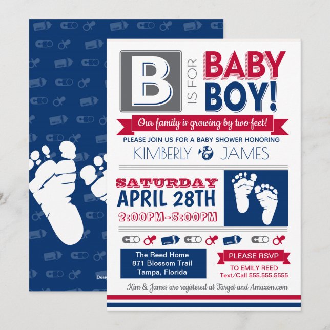 Baby Feet Poster inbjudan till Stil Boy Shower 2 (Fram/baksida)