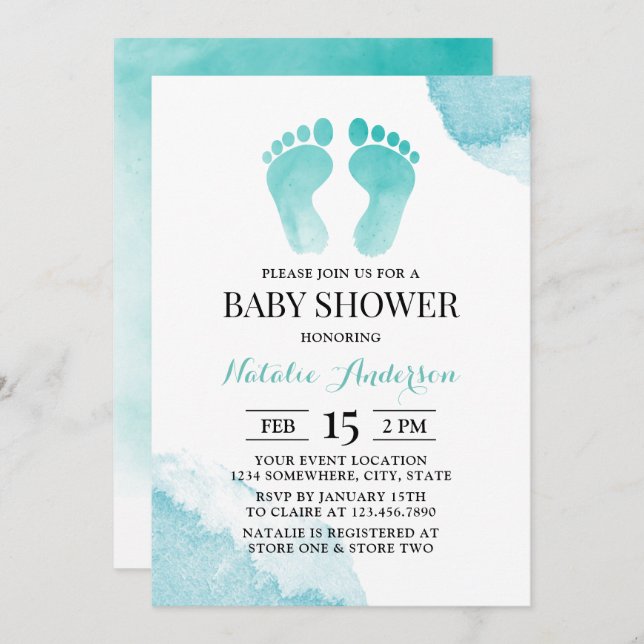 Baby Feet Watercolor Turcos Baby Shower Inbjudningar (Fram/baksida)
