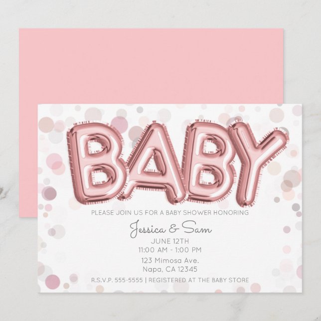 BABY-fest Rose Guld Rosa Ballonger Modern Chic Inbjudningar (Fram/baksida)