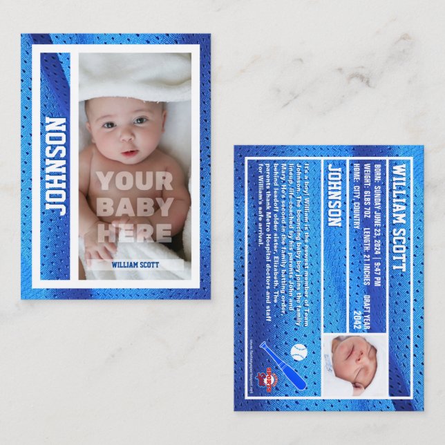 Baby First Baseball Card Birth-annons Blue (Fram/baksida)