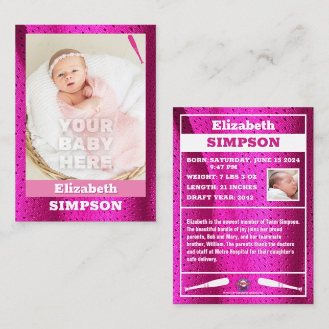 Baby First Baseball Card Girl Birth (Fram/baksida)