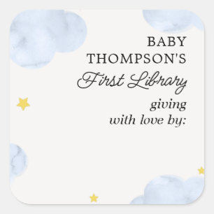 Baby First Bibliotek Bookplate Blue Clouds Fyrkantigt Klistermärke