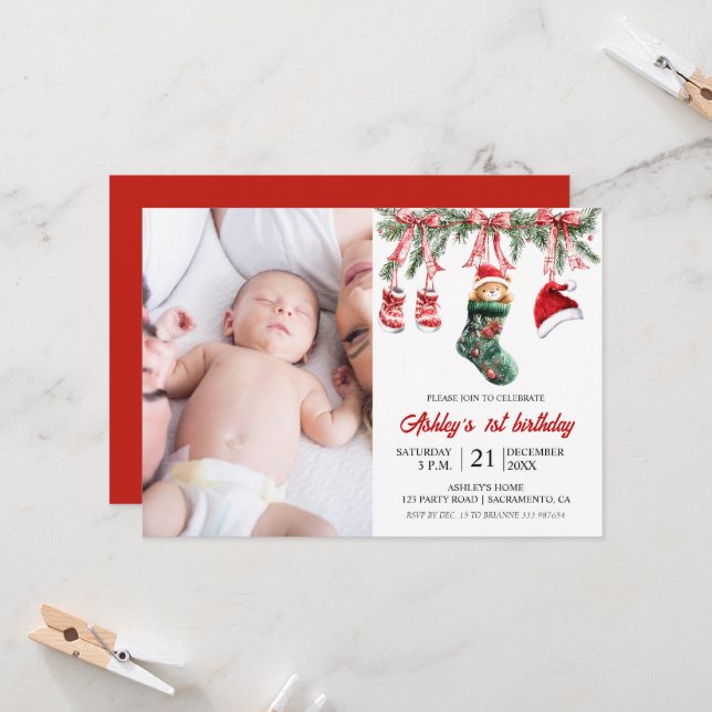 Baby first birthday Christmas themed Inbjudningar (Fram/Back In Situ)