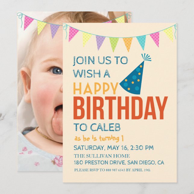Baby First Birthday Cute Birthday Photo Inbjudningar (Fram/baksida)
