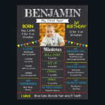 Baby First Birthday Photo Poster<br><div class="desc">Den här poster är ett sött tillägg till ditt barns första födelsedagsfest. Bakgrunden är kol-grått och accineras med ljusa färger. Lägg till ett foto av ditt barn och anpassa poster med alla hans favoriter och milstolpar.</div>