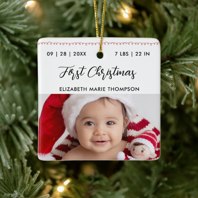 Baby First Christmas Birth Stats Name Calligraphy  Julgransprydnad Keramik (Träd)