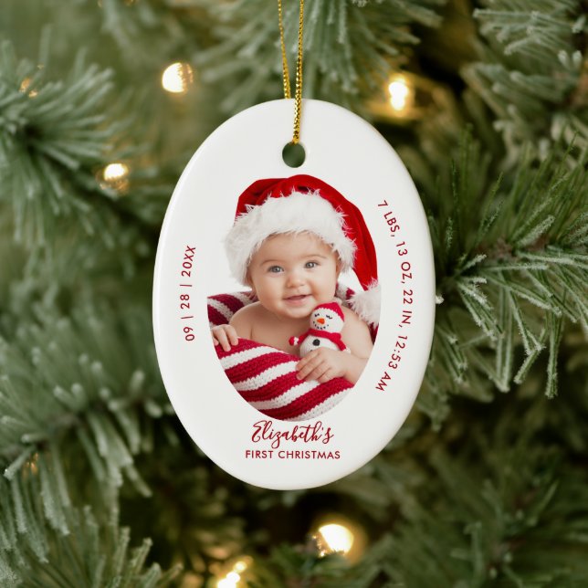 Baby First Christmas Birth Stats Name Minimal Red Julgransprydnad Keramik (Träd)