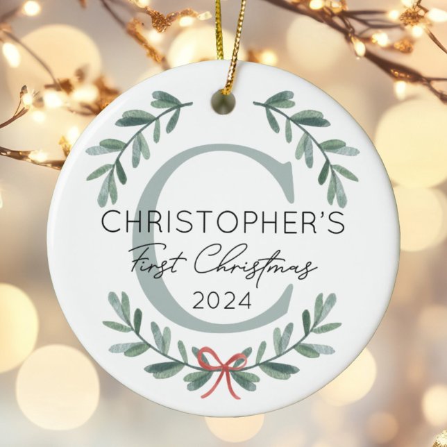Baby First Christmas Festive Greenery Photo Julgransprydnad Keramik (Skapare uppladdad)