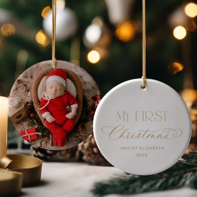 Baby First Christmas Gold Photo Keepsake Julgransprydnad Keramik (Skapare uppladdad)