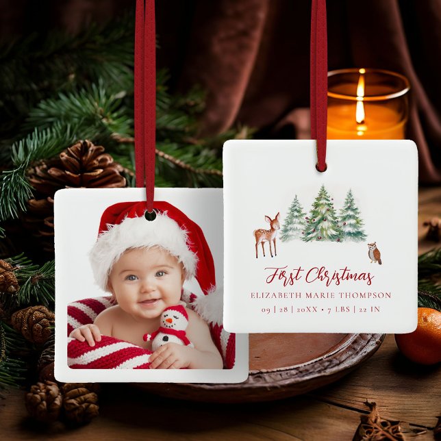 Baby First Christmas Owl Deer Woodland Photo  Julgransprydnad Keramik (baby first christmas ornament woodland deer owl trees baubles photo template red calligraphy)