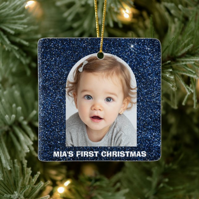 Baby First Christmas Photo Blue Glitter Ornament (Träd)