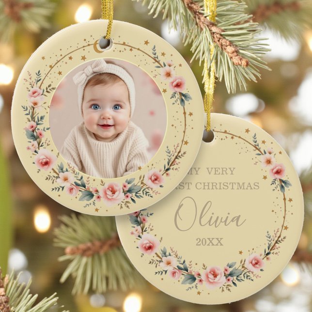 Baby First Christmas Photo Gold Celestial Stars Julgransprydnad Keramik (Skapare uppladdad)