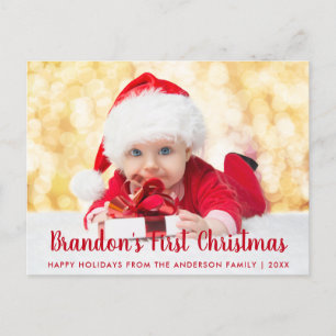 Baby First Christmas Red Script Photo Vykort